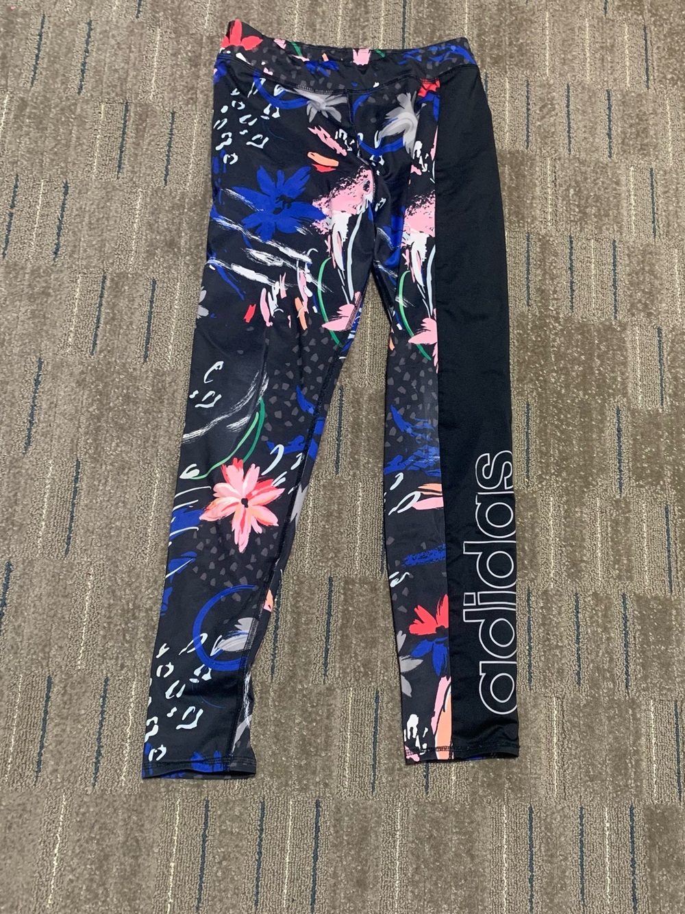 adidas Black Floral Print Girls' Active Leggings with Side Logo